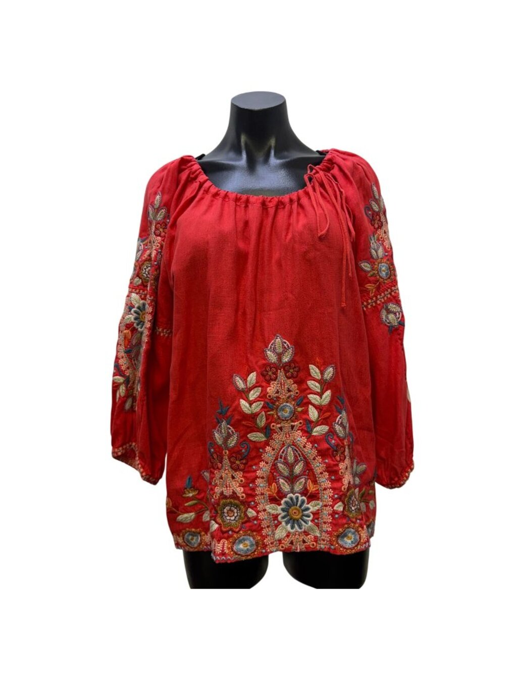 Johnny Was Linen Embroidered Blouse Coral Multi Long Sleeve L